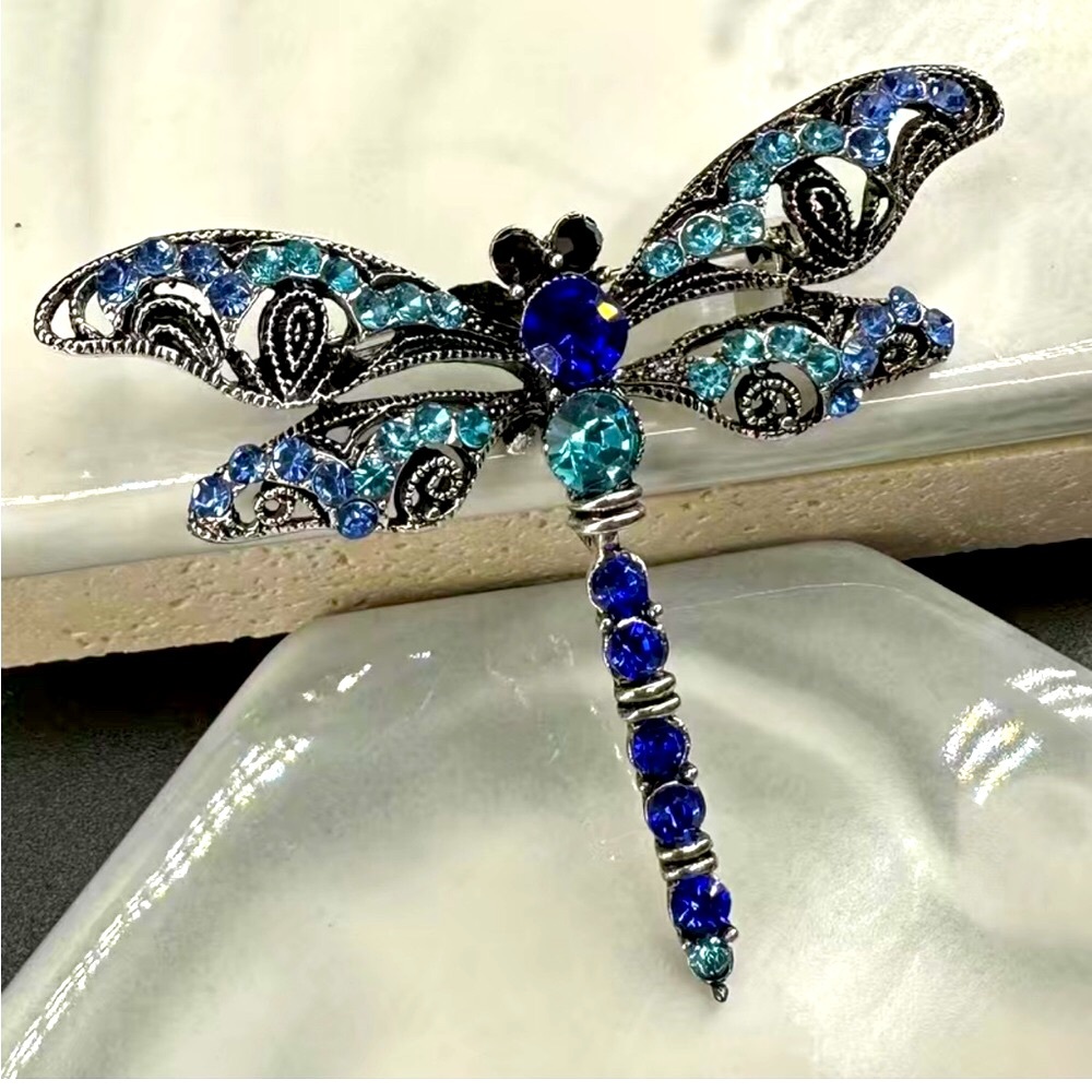 Turquoise / Blue Dragonfly Rhinestone Brooch - Picture 6 of 8
